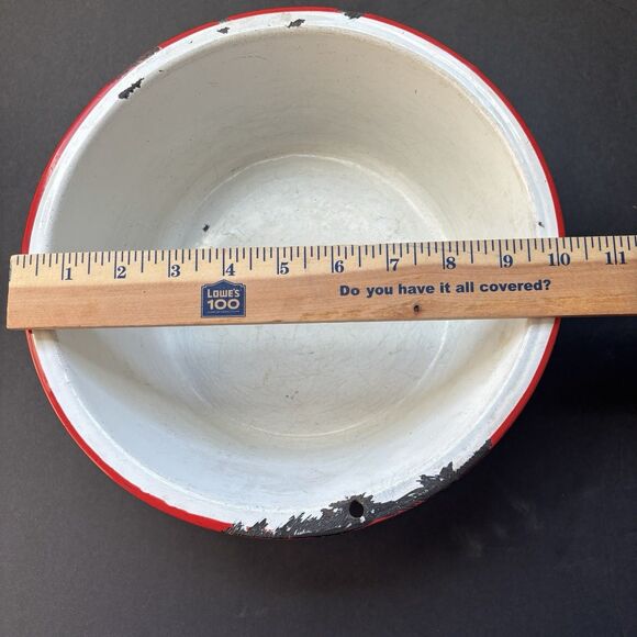 Vintage White Red Enamelware Wash Basin Bowl Farmhouse Rustic Distressed 10” - Picture 7 of 7